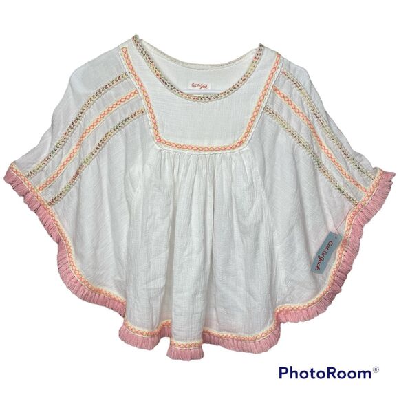 Cat & Jack Boho Poncho Sweater Lightweight Pink Fringe Metallic Trim Size 4/5 - Picture 1 of 6
